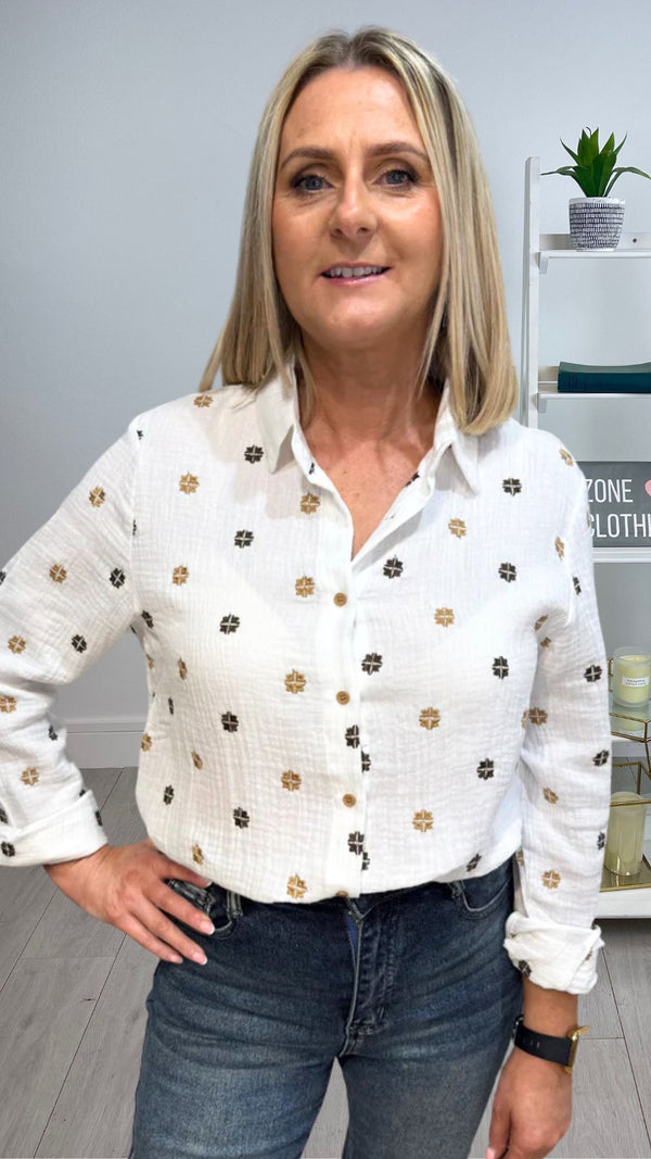 Shannon - White/ Brown Embroidery Top