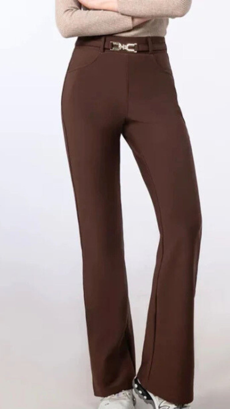 Jill - Brown Buckle Stretch Bootcut Trousers