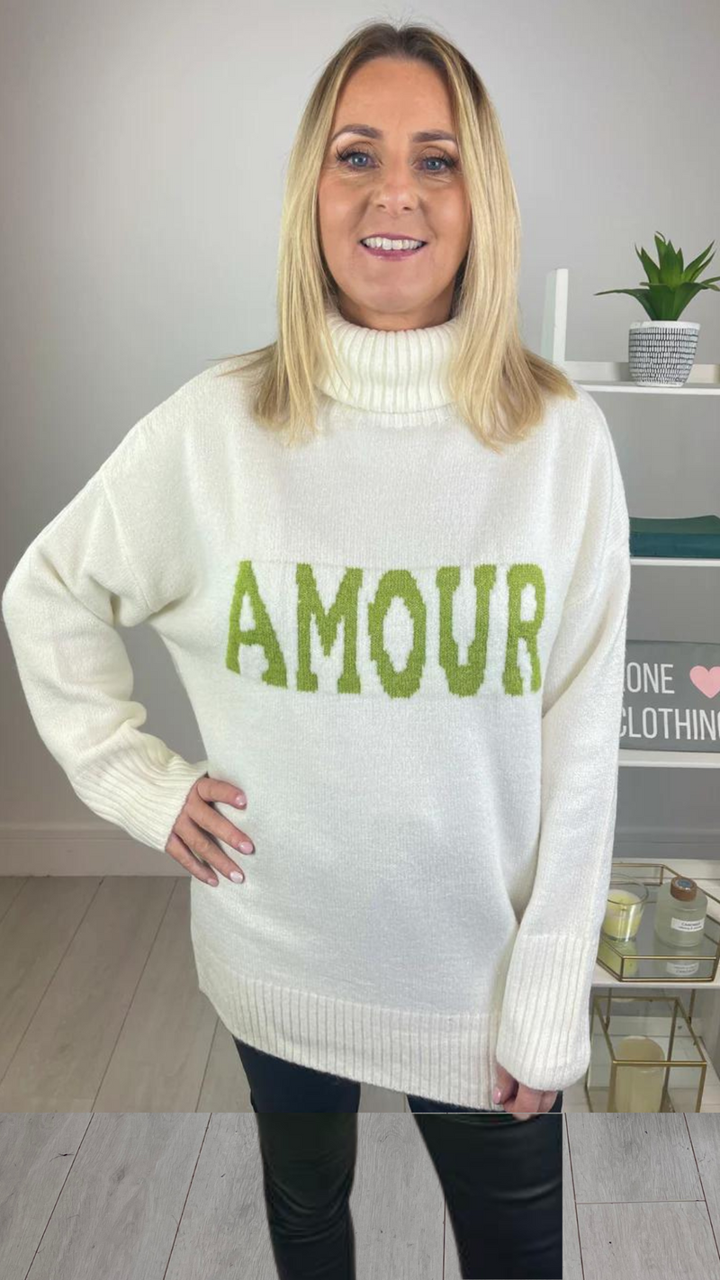 Sally - Cream/Lime Polo Neck Knitted Jumper