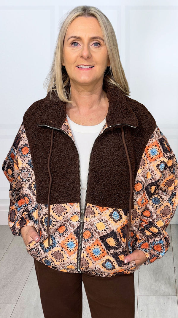 Mollie - Brown/Multi Colour Fleece Zipped Jacket