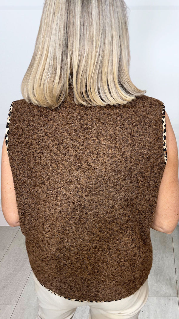 Milan - Brown Fuzzy Leopard Trim Waistcoat