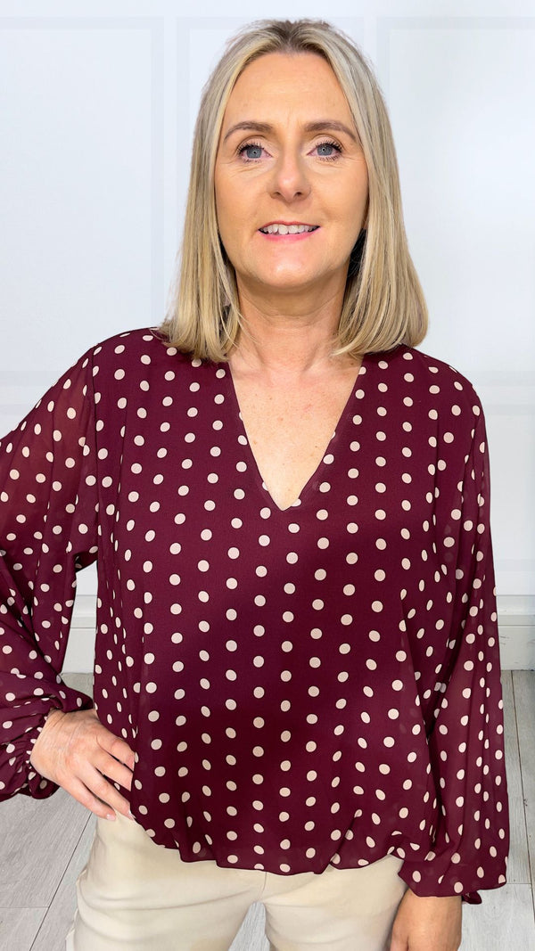 Naomi - Wine Polka Print Lined bubble Hem top