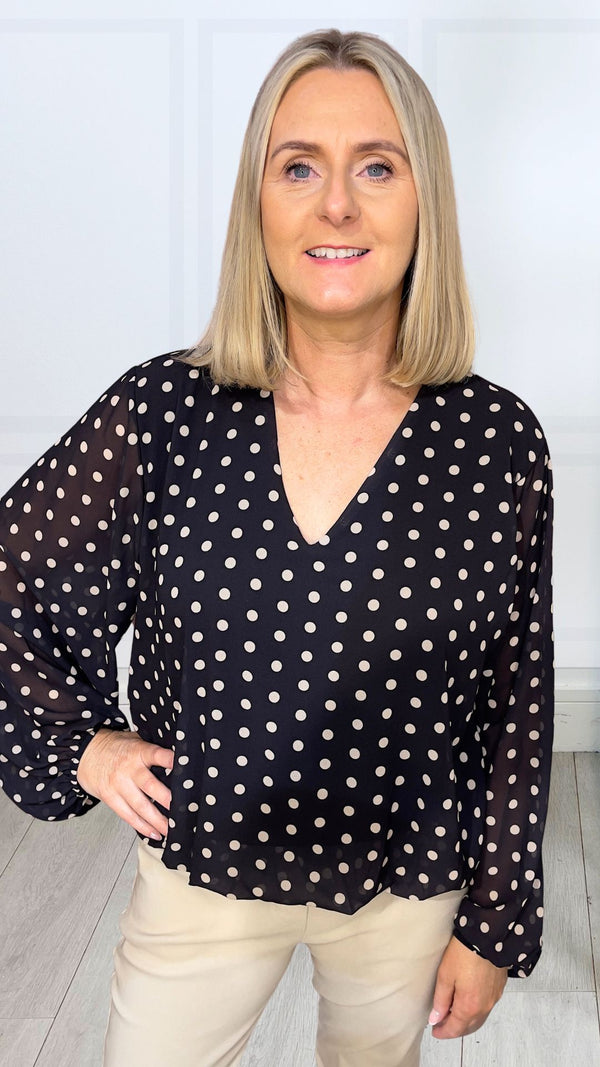 Naomi - Black Polka Print Lined bubble Hem top