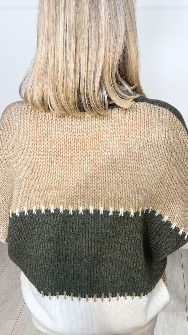 Barbara Green/Cream Chunky Knitted Cardigan