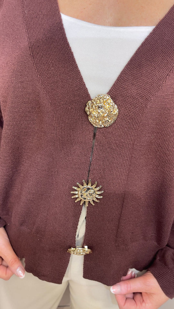 Hallie - Soft Gold Brooch Front Cardi Chocolate