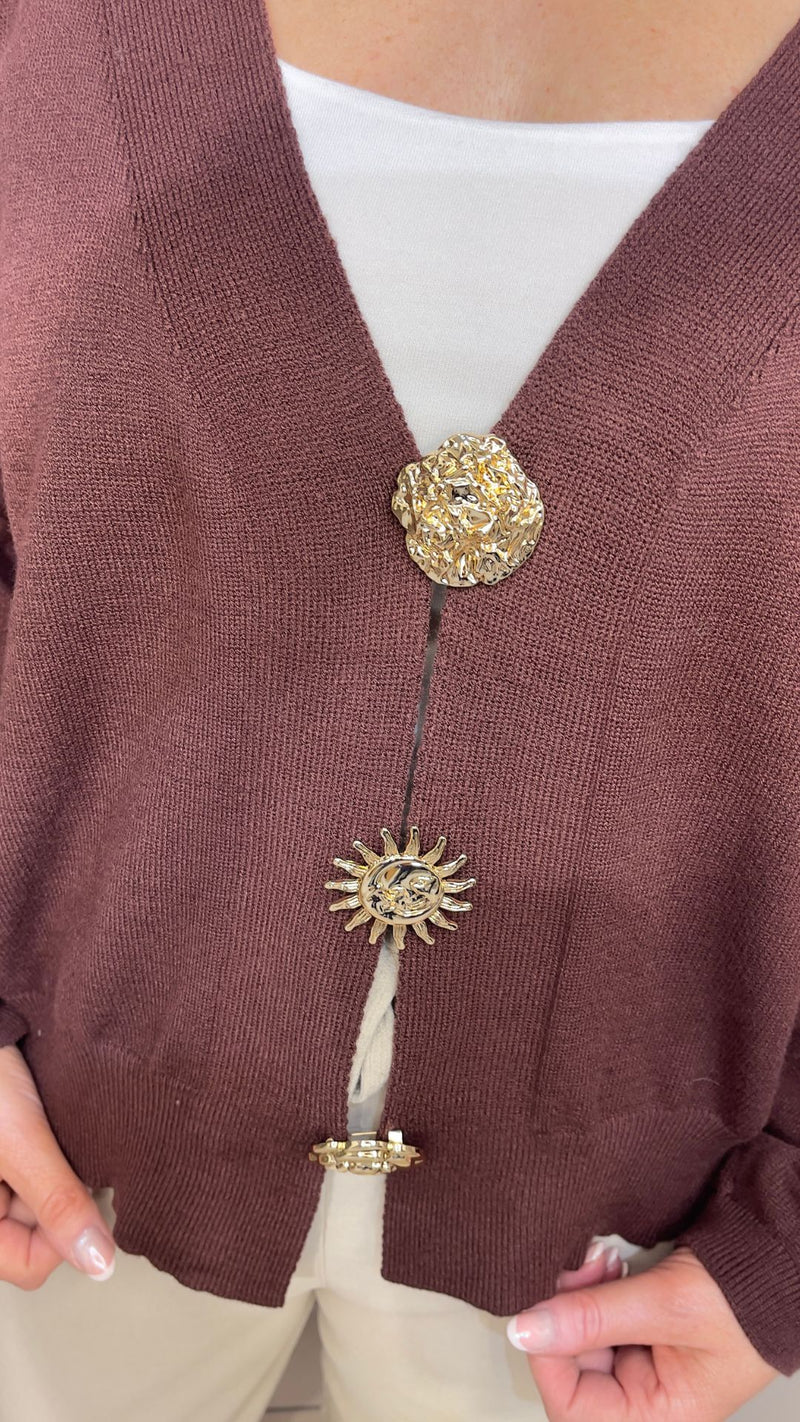 Hallie - Soft Gold Brooch Front Cardi Chocolate