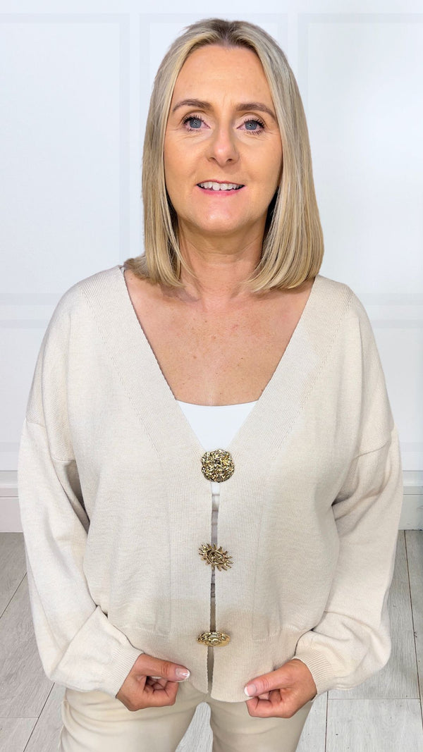 Hallie - Soft Gold Brouch Front Cardi Beige