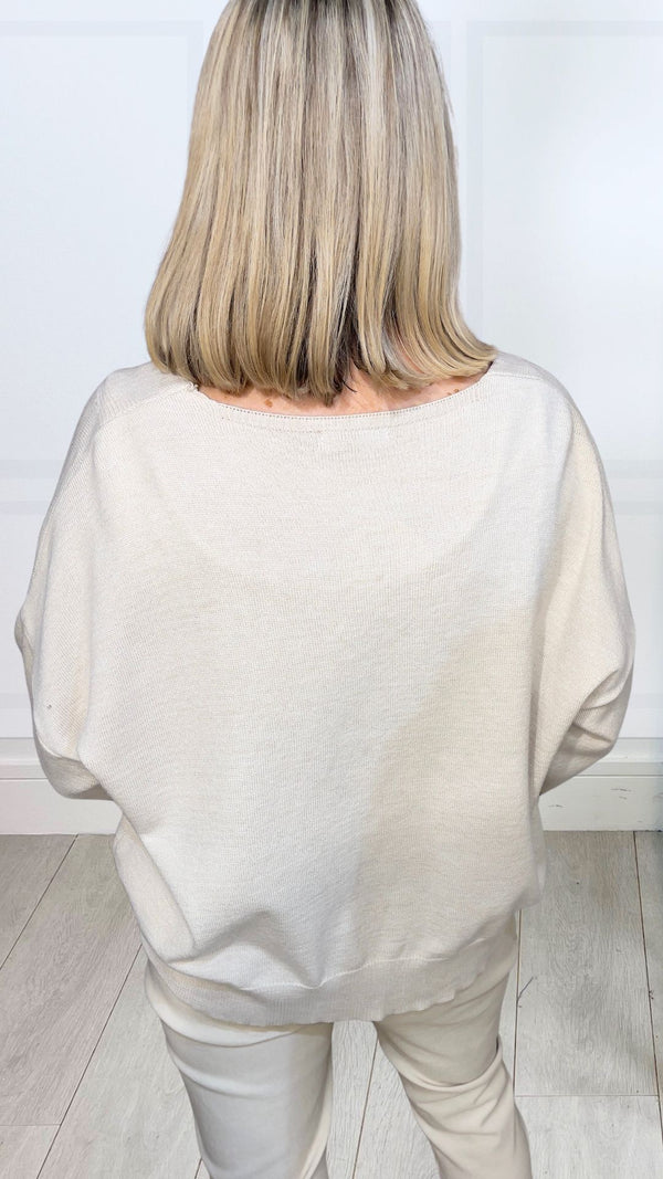 Hallie - Soft Gold Brouch Front Cardi Beige