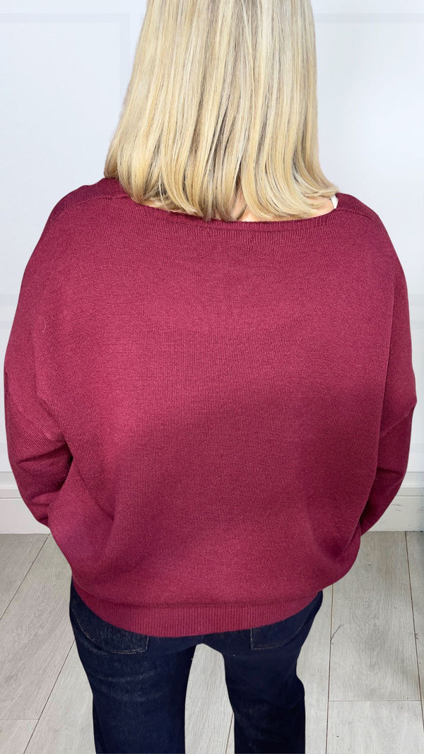 Hallie - Soft Gold Brouch Front Cardi Wine
