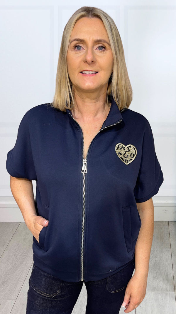 Mia - Leopard Heart Short Sleeve Zipper Navy