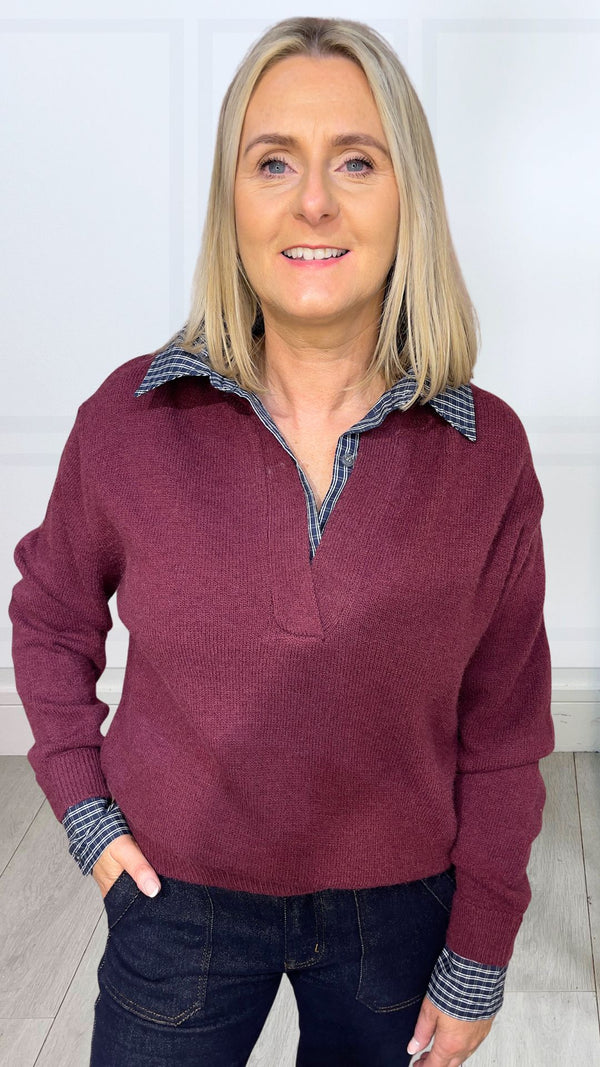 Aoife - Wine Two in One Gingham Shirt  Knit