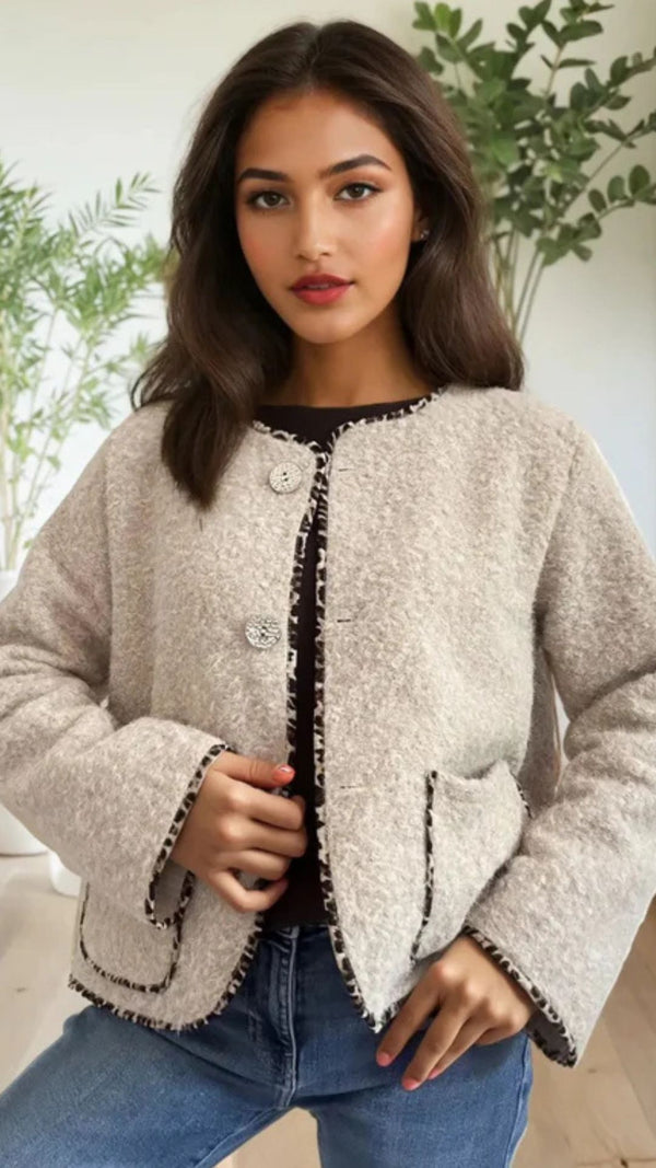 Gina - Beige Fuzzy Leopard Trim Jacket