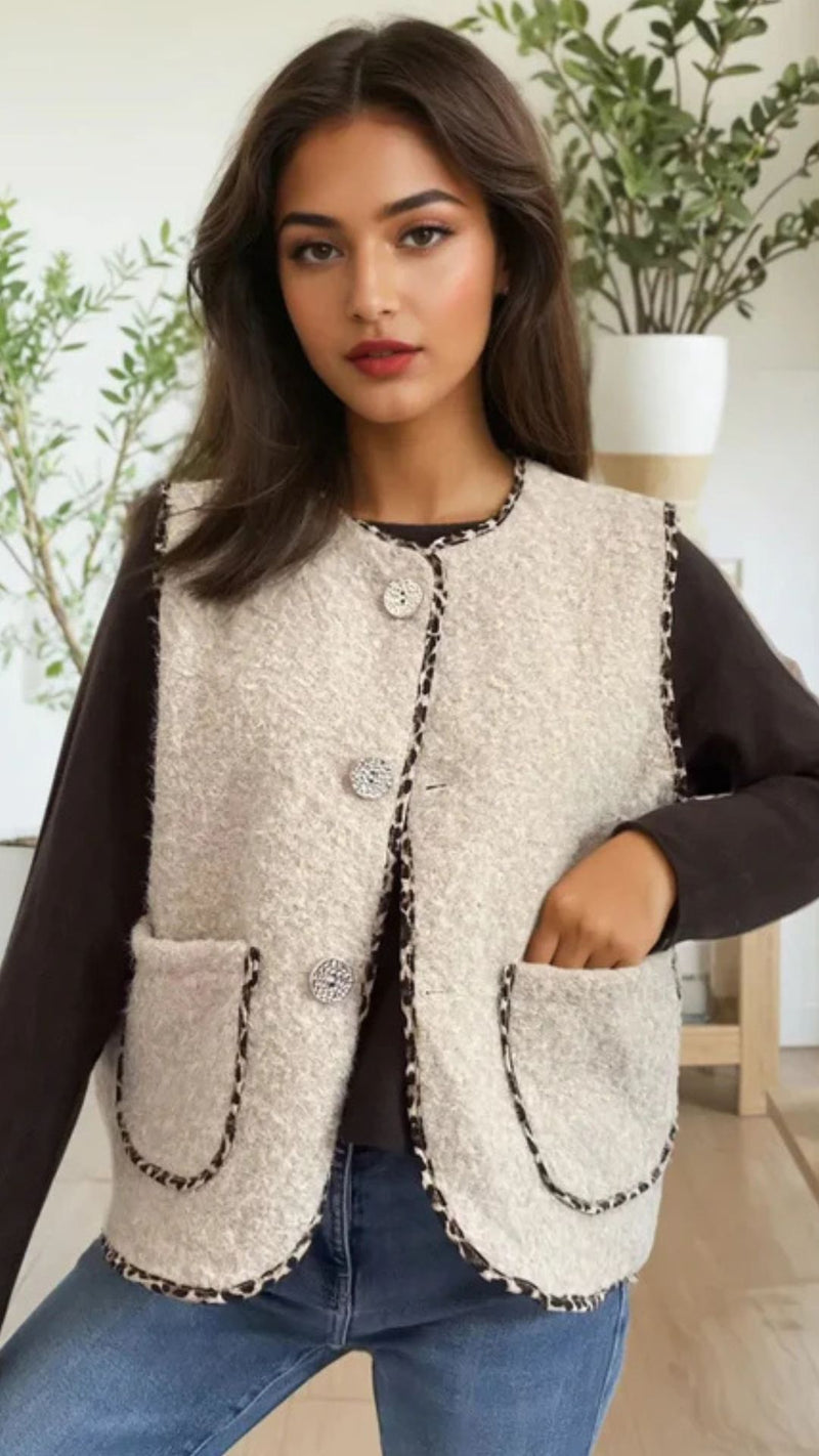 Milan - Beige Fuzzy Leopard Trim Waistcoat