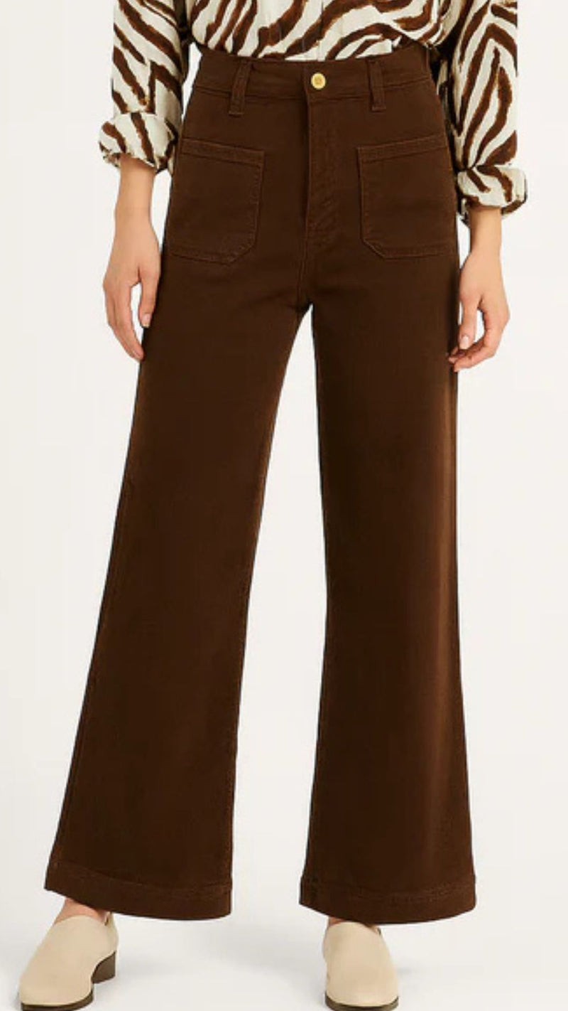 Maya - Chocolate Double Pocket Front Wide Leg Denims