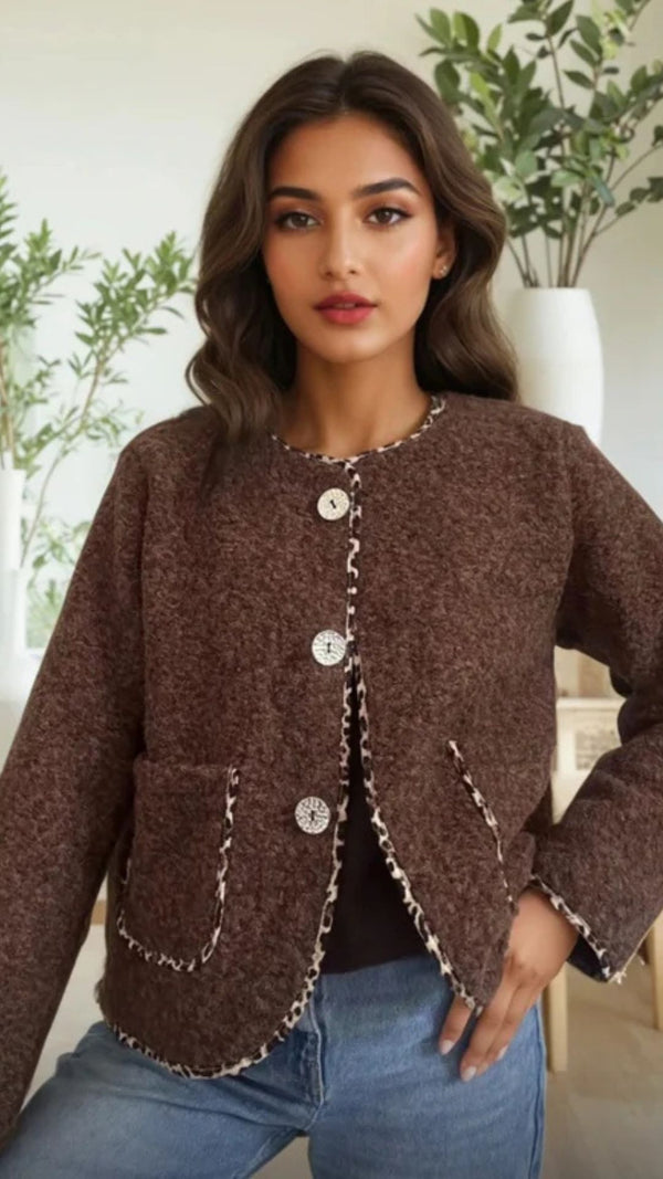 Gina - Brown  Fuzzy Leopard Trim Jacket