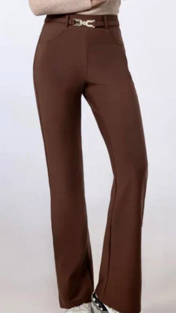 Jill - Brown Buckle Stretch Bootcut Trousers