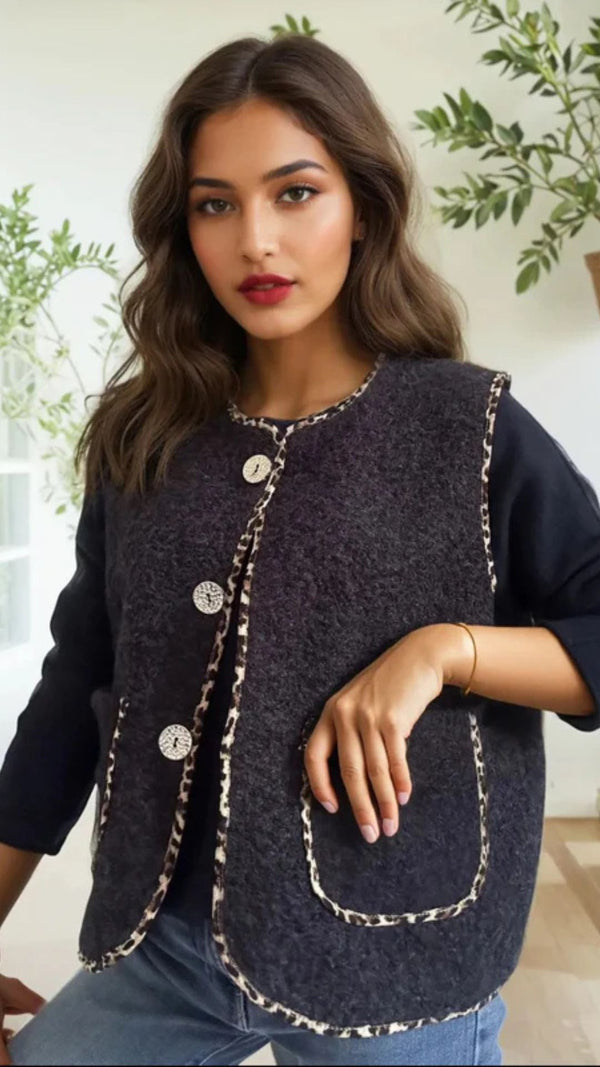 Milan - Black Fuzzy Leopard Trim Waistcoat
