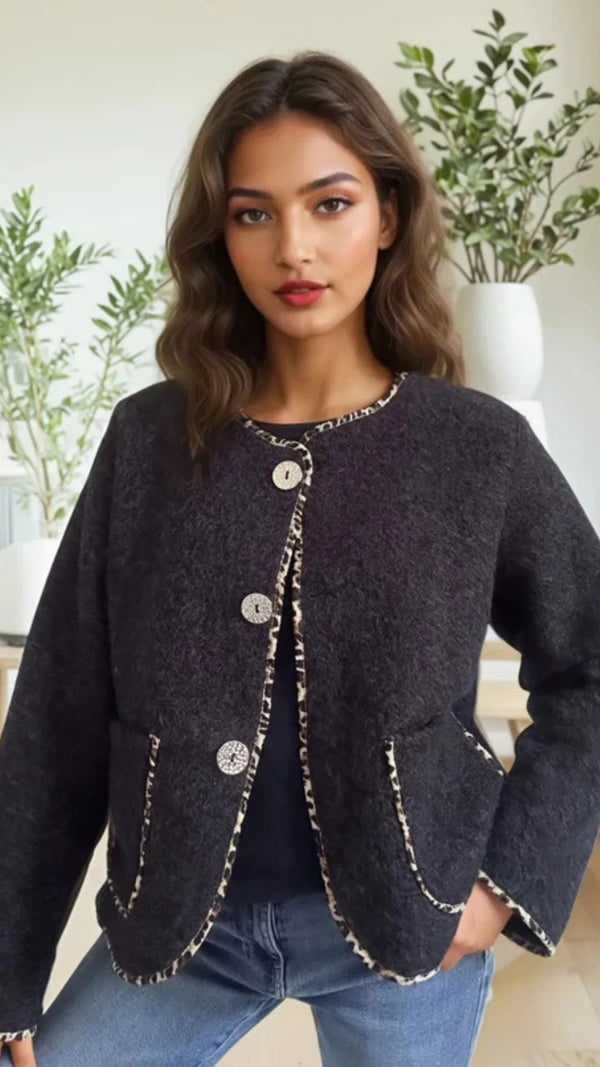 Gina - Black  Fuzzy Leopard Trim Jacket
