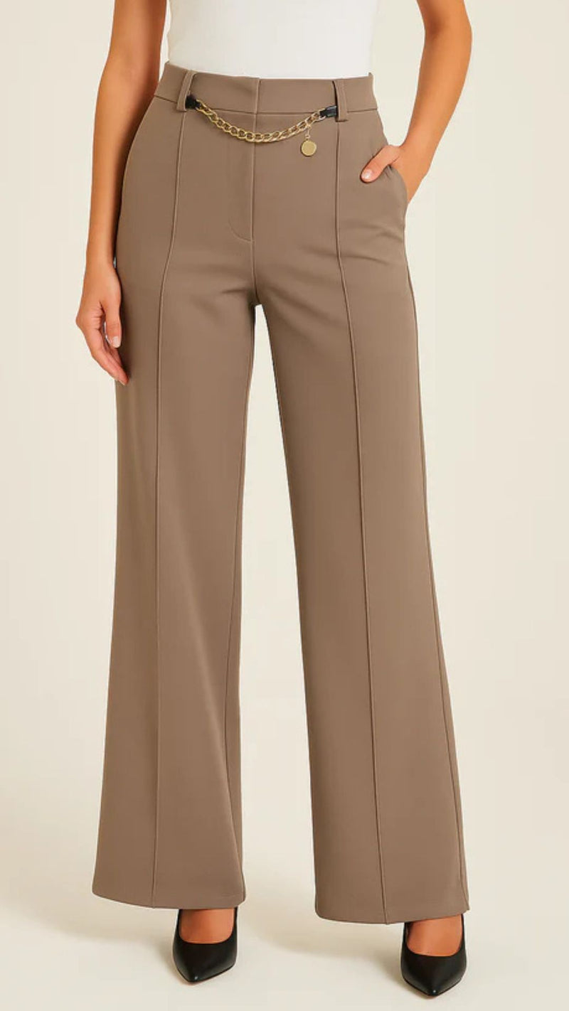 Tina - Taupe  Chain Stretch Seam Trousers