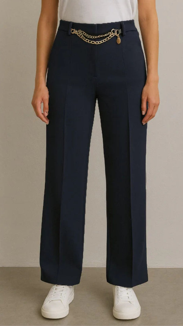 Tina - Navy Chain Stretch Seam Trousers