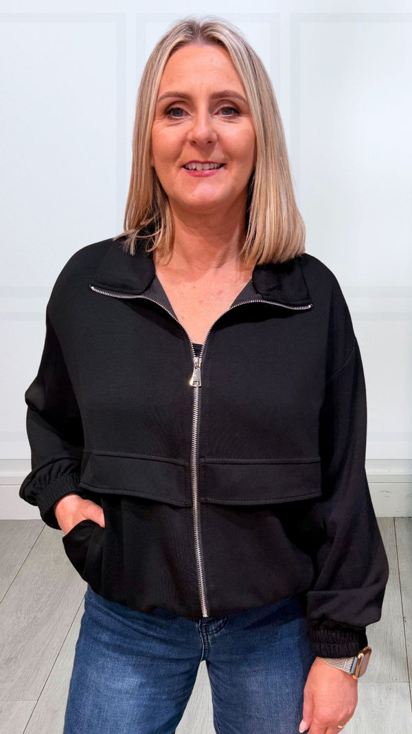 Kenzie - Funnel Neck Front Zip Jacket Black