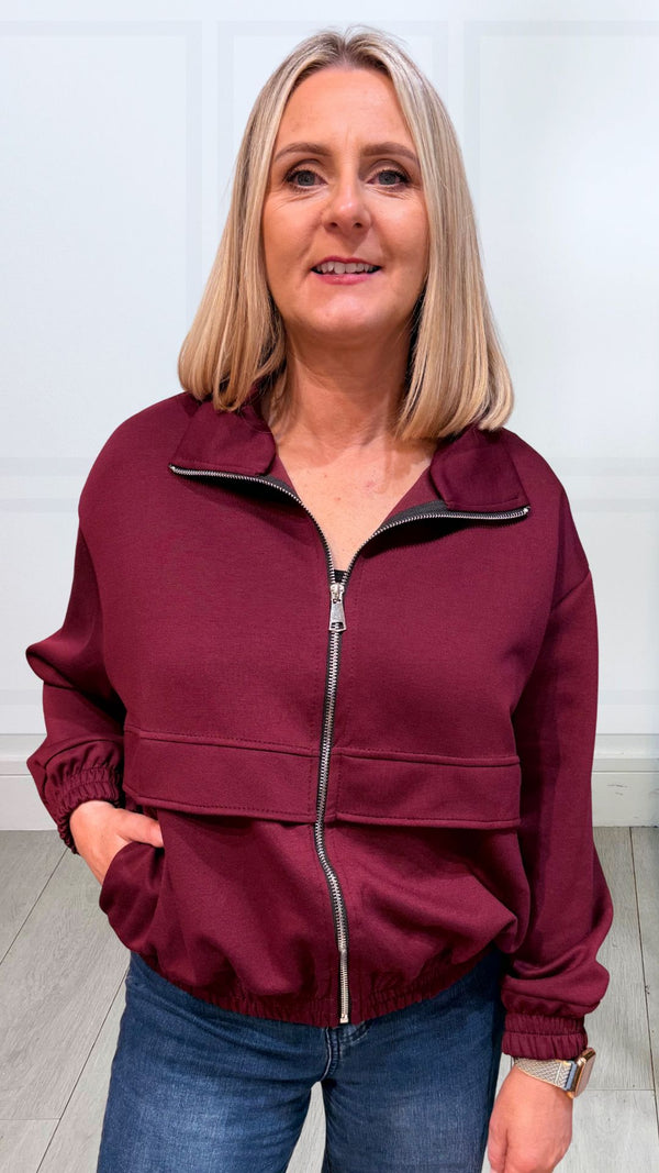 Kenzie - Funnel Neck Front Zip Jacket Wine