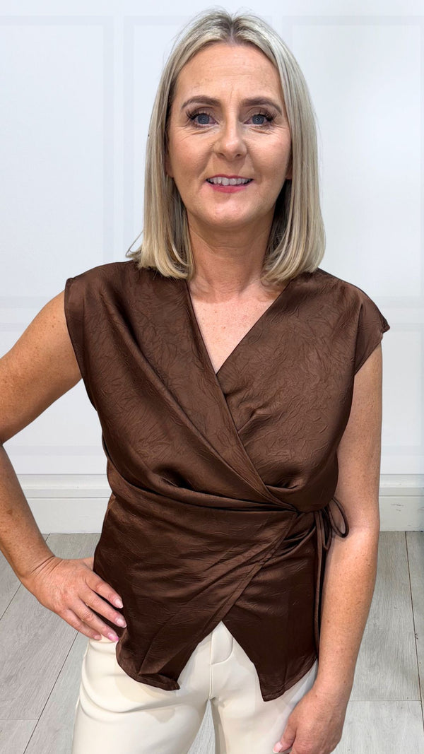 Jay - Brown Satin Crossover Blouse
