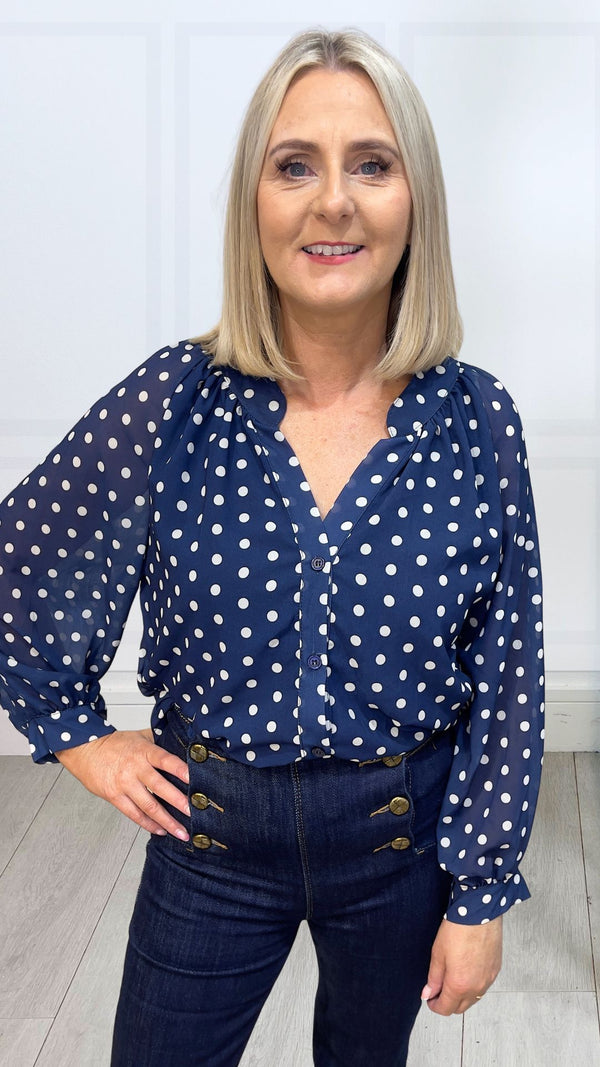 Carmel - Polka Dot Chiffon Cuff Blouse Navy