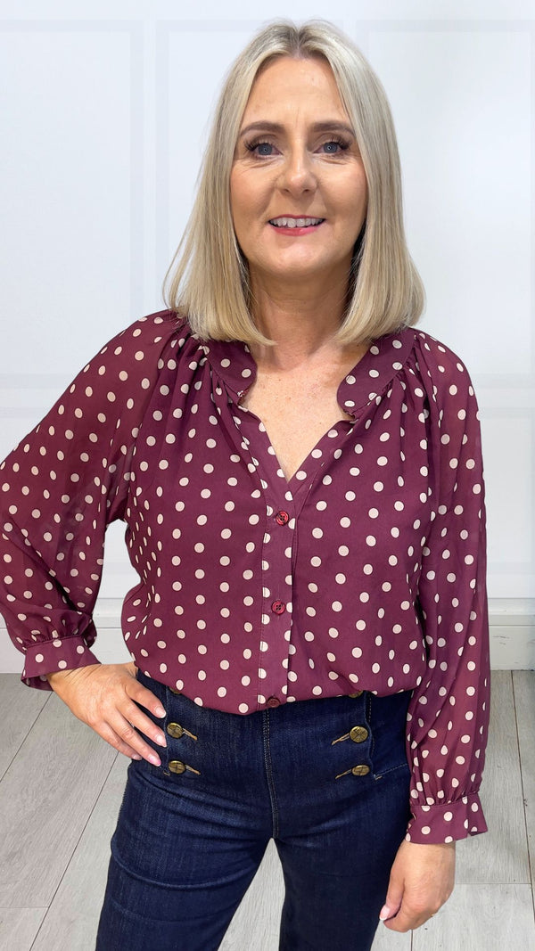 Carmel - Polka Dot Chiffon Cuff Blouse Wine