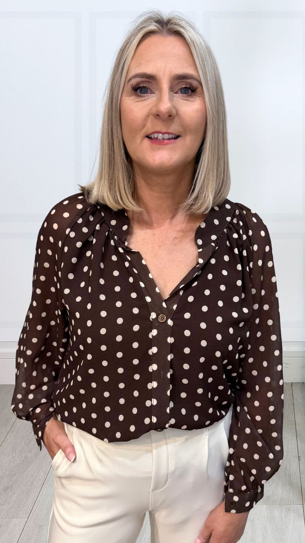 Carmel - Polka Dot Chiffon Cuff Blouse Chocolate