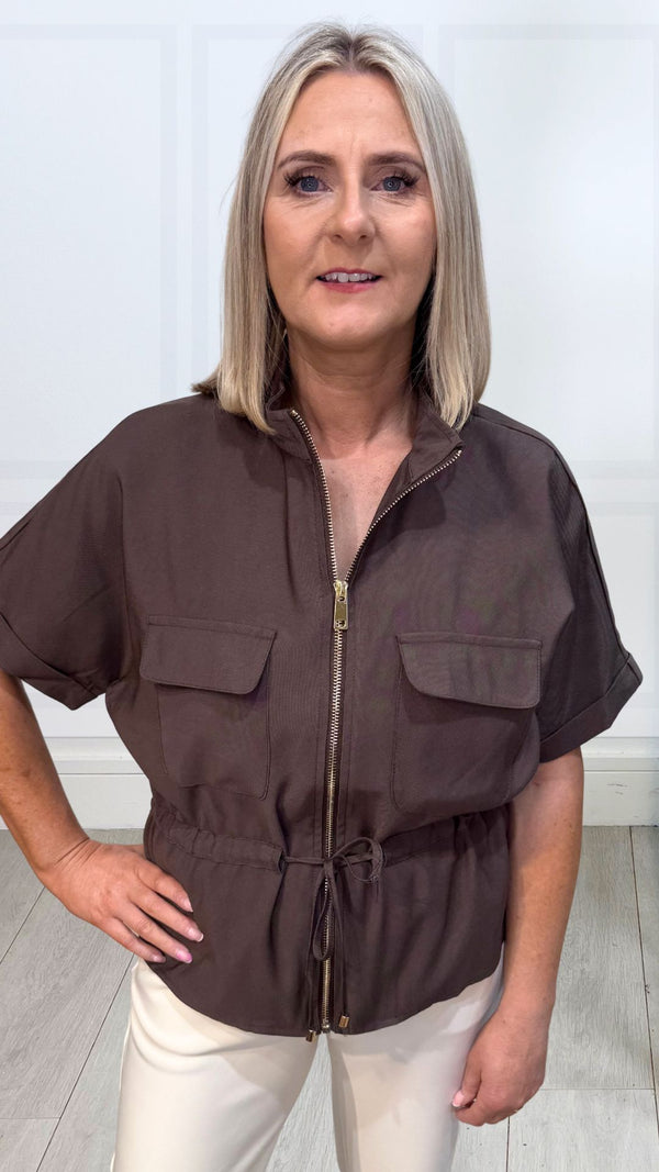 Mandy - Brown Zip Pocket Lightweight Jacket