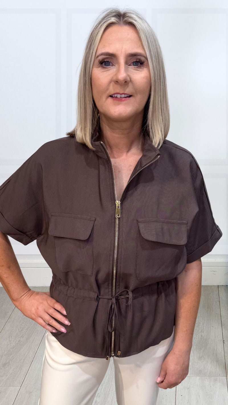 Mandy - Brown Zip Pocket Lightweight Jacket