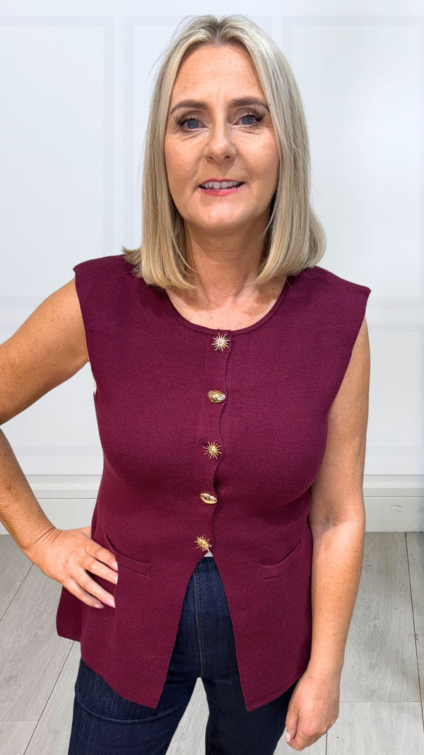 Benny - Wine multi Gold Button Waistcoat