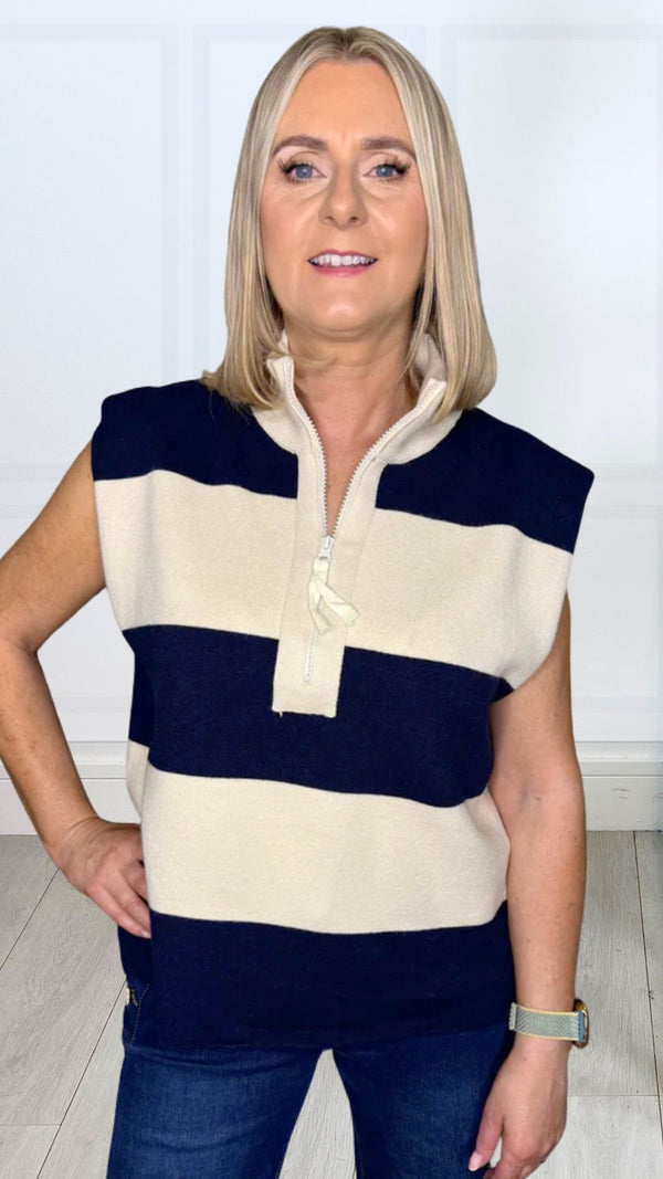 Chelsea - Navy/Beige Stripe Zip knit