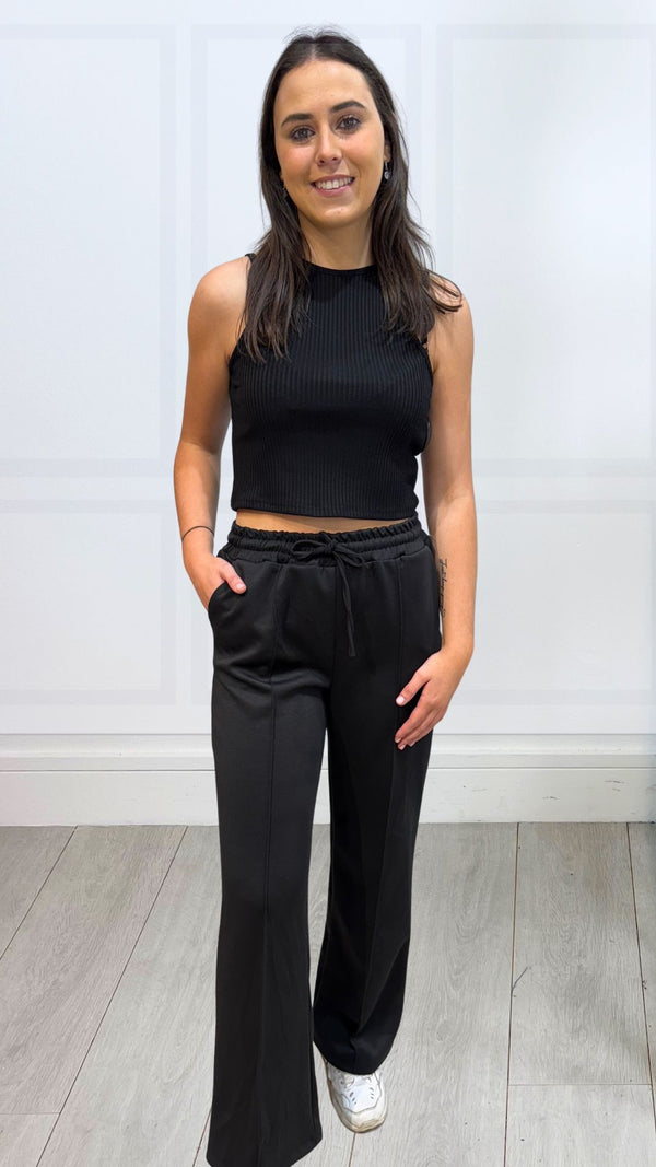 Willow - Black Elastic Waist Seam Wide Leg Joggers