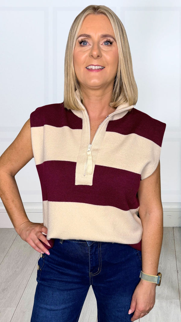 Chelsea - Wine/Beige Stripe Zip knit