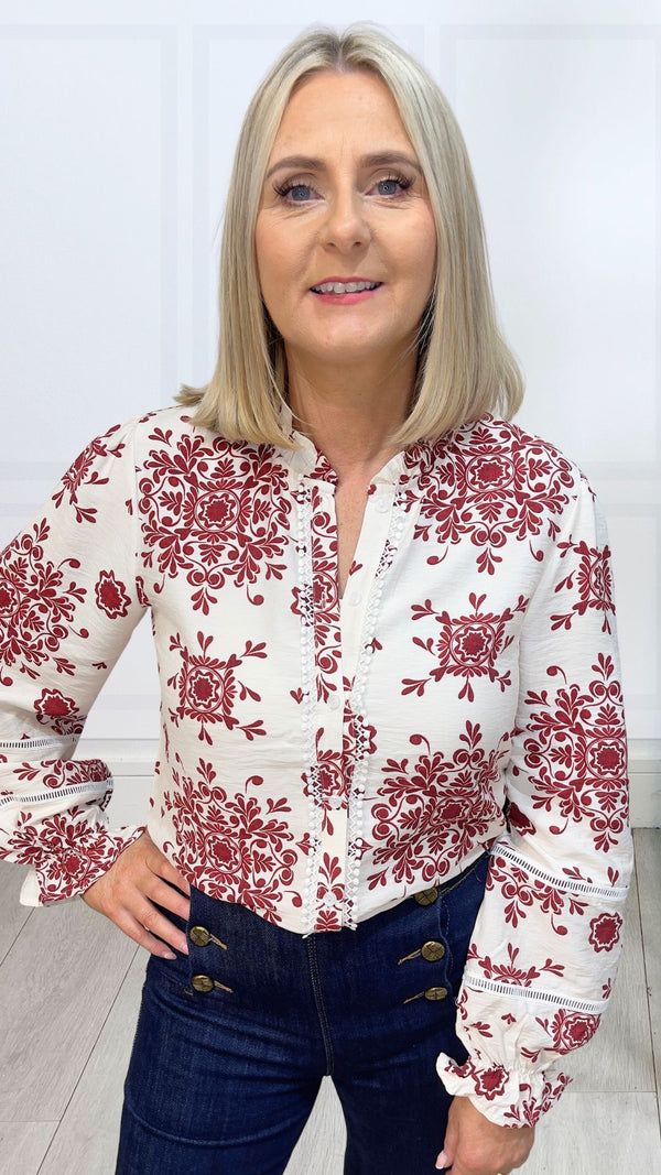 Lauren - Wine/Cream Damask Blouse