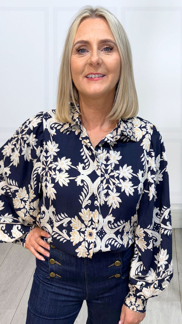 Frankie - Navy/Beige Print Balloon Sleeve Top