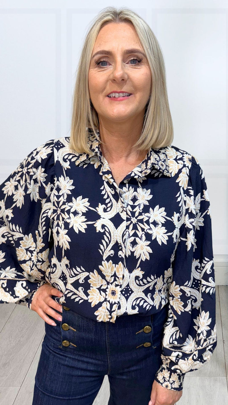 Frankie - Navy/Beige Print Balloon Sleeve Top