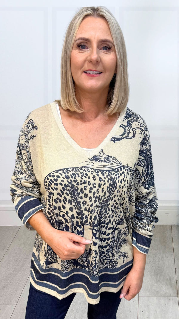 Corey - Navy Tiger Print  Lurex Top