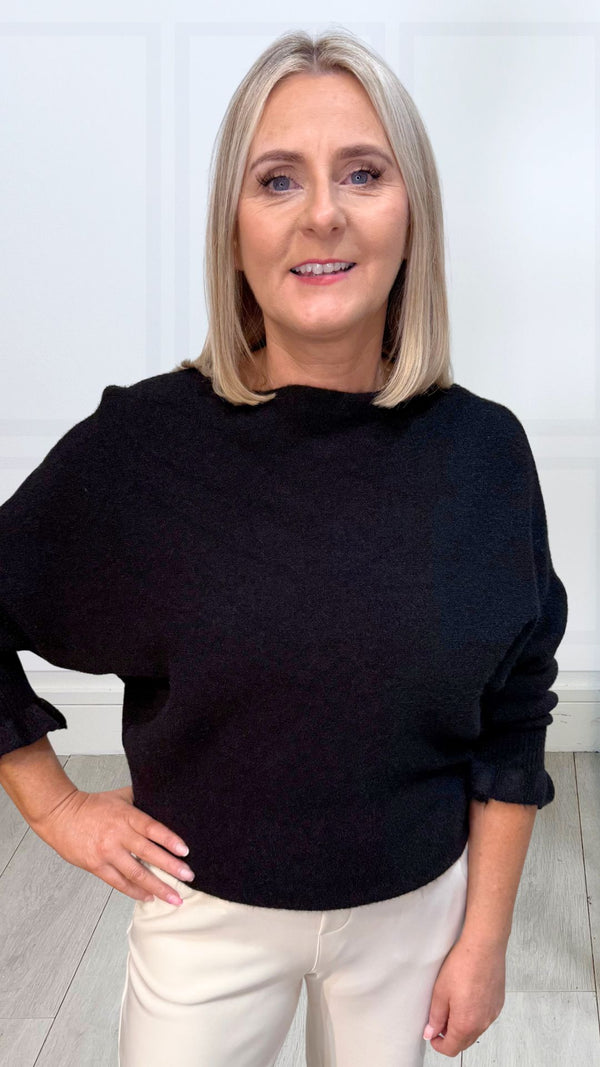 Anne - Crop Frill Sleeve Soft Stretch Jumper Black