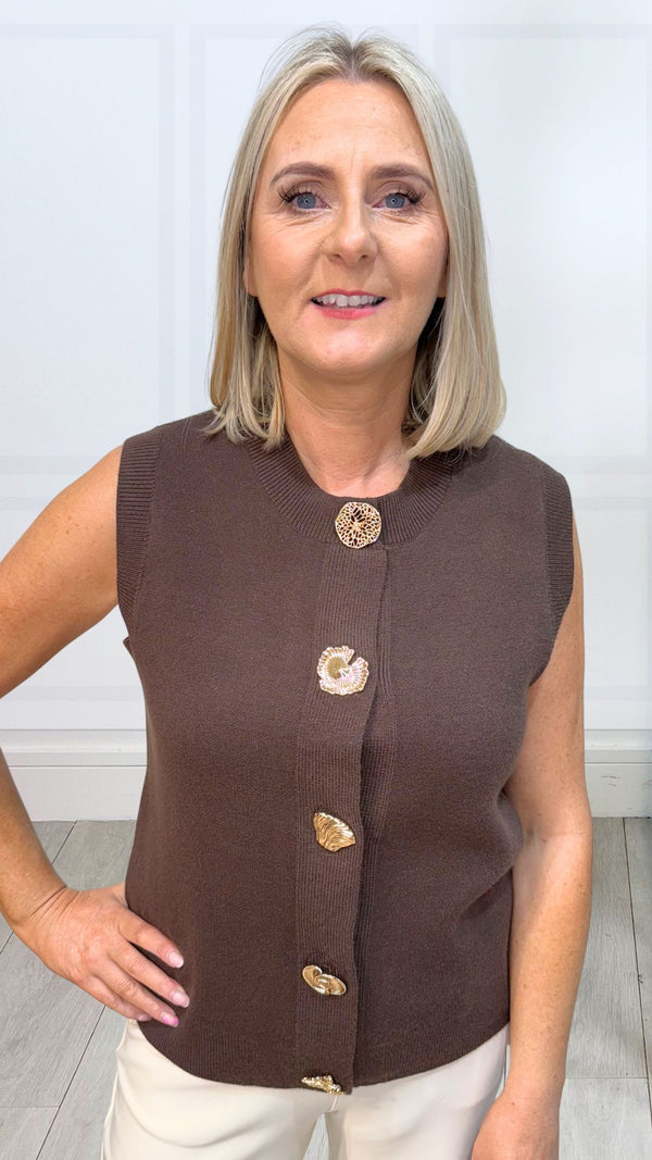 Madison - Brown Gold Button Knit Waistcoat