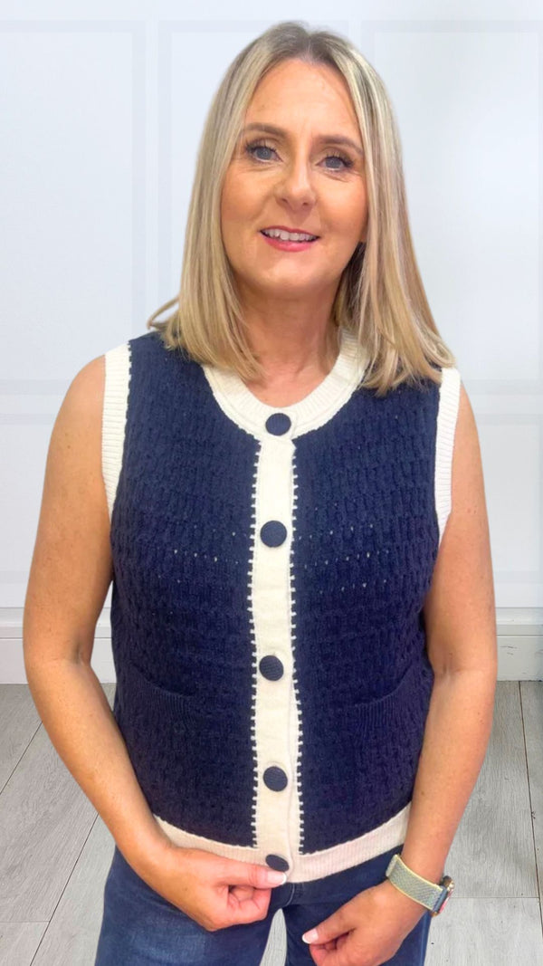 Olivia - Blue/Cream Button Knit Waistcoat