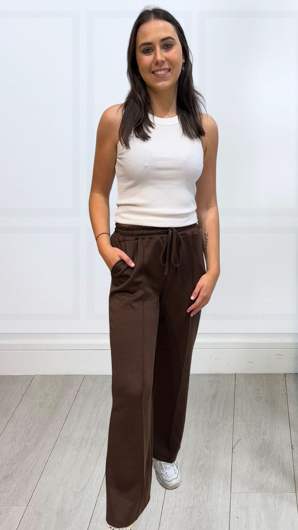 Willow - Chocolate Elastic Waist Seam Wide Leg Joggers