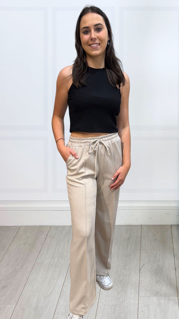 Willow - Beige Elastic Waist Seam Wide Leg joggers