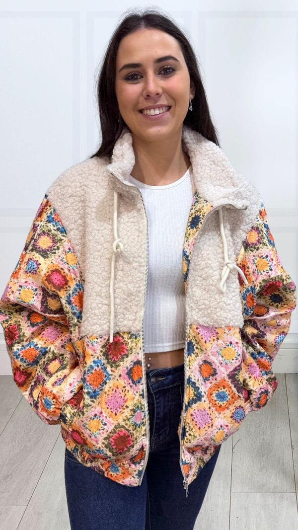Mollie - Beige/ Multi Colour Fleece Zipped Jacket