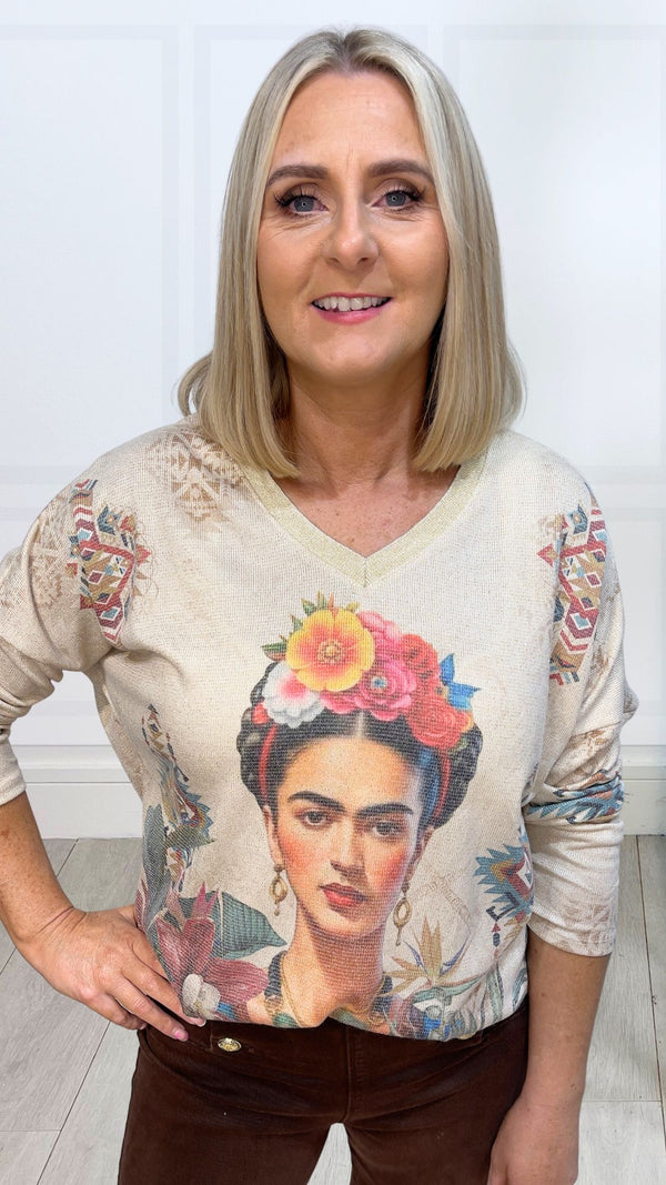 Sofia - Gold Lurex Thread Face Print Top