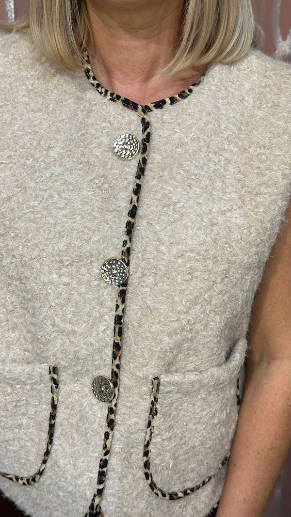 Milan - Beige Fuzzy Leopard Trim Waistcoat
