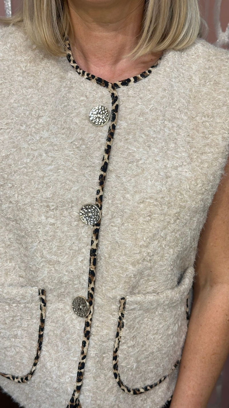 Milan - Beige Fuzzy Leopard Trim Waistcoat