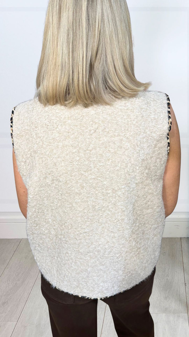 Milan - Beige Fuzzy Leopard Trim Waistcoat